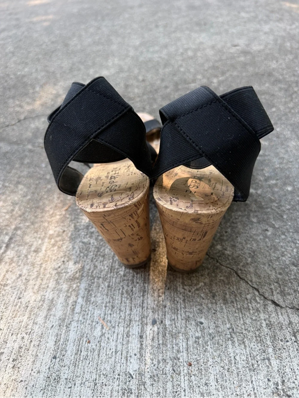 Spritz Black Elastic Strap Cork Wedge Sandals